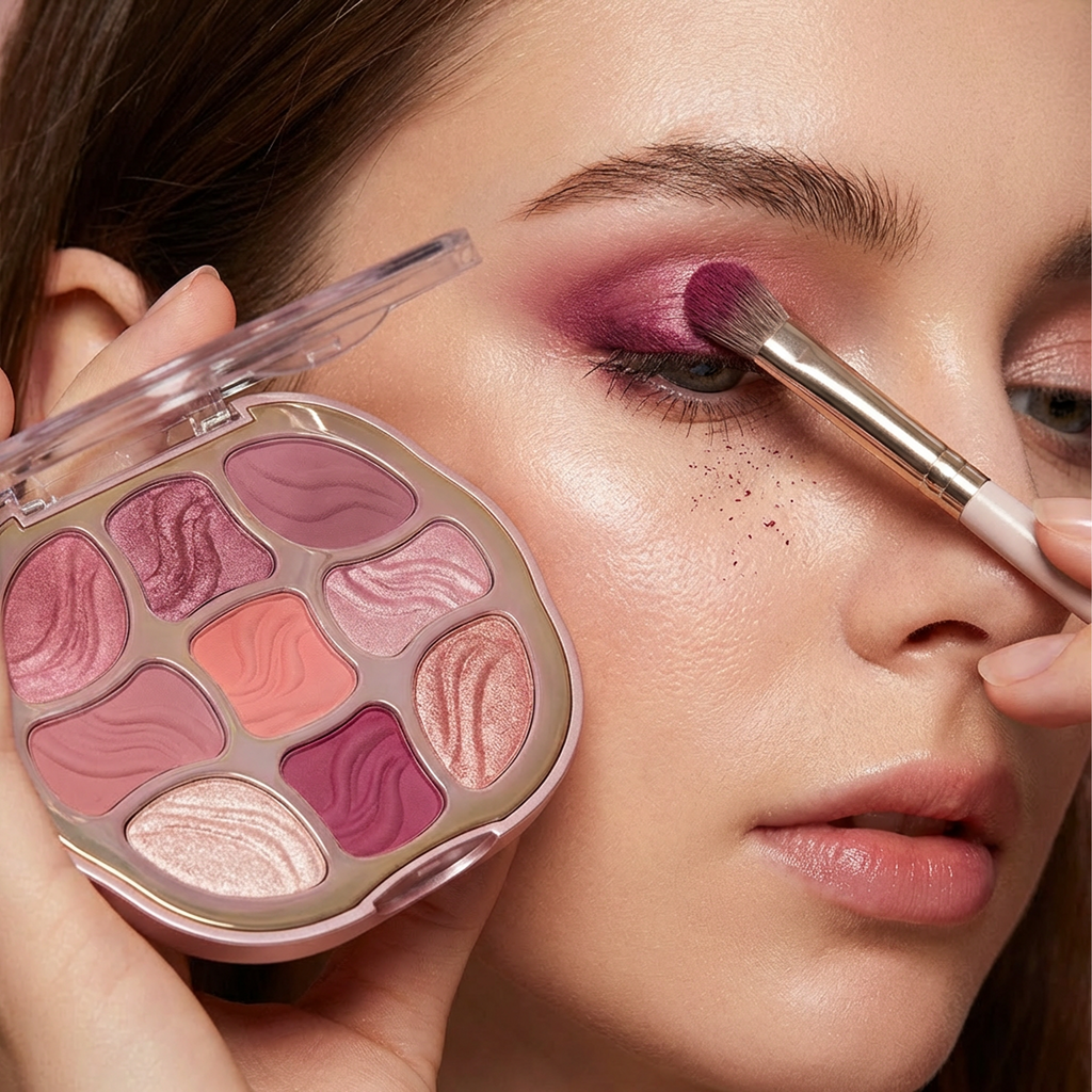 Multi-Finish Eyeshadow Palette – 9-Pan Shimmer & Matte Mix, Silky Blendable Texture, Buildable Color, Soft Rosy-Neutral Tones for Everyday & Party Looks