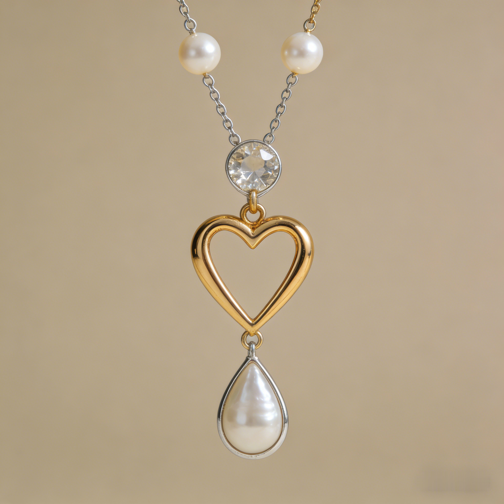💖 "Mixed Metal Heart & Pearl Necklace" – Two-Tone Chain | Open Heart Pendant with Drop Pearl | Timeless Romance 📿