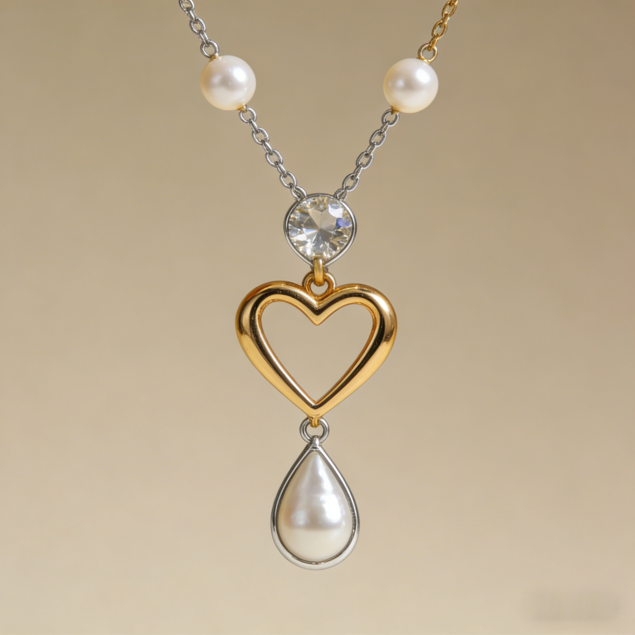 💖 "Mixed Metal Heart & Pearl Necklace" – Two-Tone Chain | Open Heart Pendant with Drop Pearl | Timeless Romance 📿