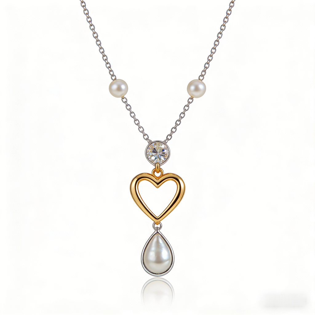💖 "Mixed Metal Heart & Pearl Necklace" – Two-Tone Chain | Open Heart Pendant with Drop Pearl | Timeless Romance 📿