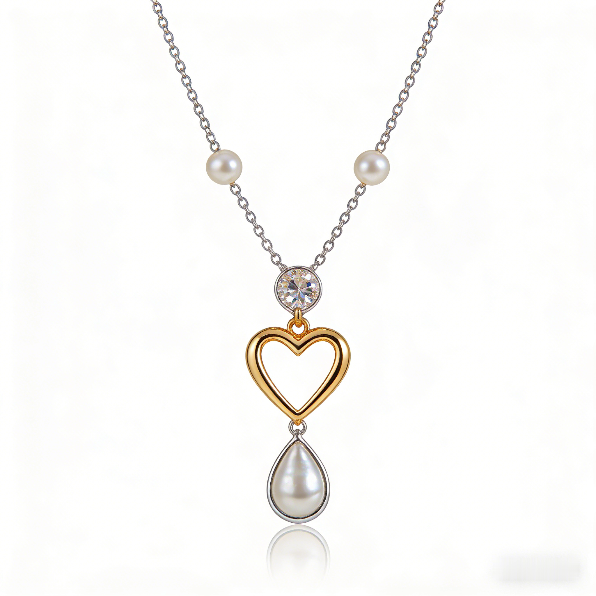 💖 "Mixed Metal Heart & Pearl Necklace" – Two-Tone Chain | Open Heart Pendant with Drop Pearl | Timeless Romance 📿