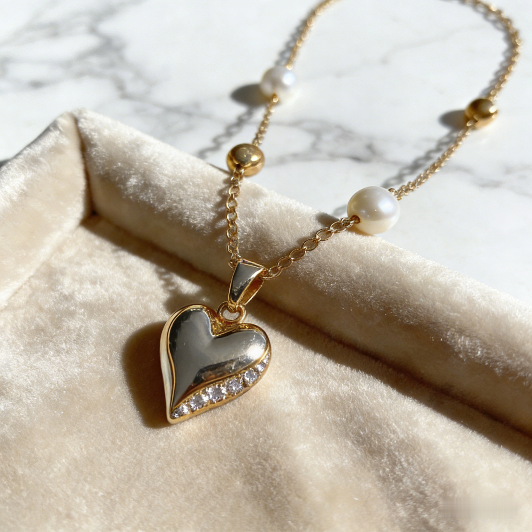 🌸 "Pearl Chain with Heart Pendant" – Lustrous Pearls & Gold Beads | Gold Heart with Stone Accent | Feminine Charm 🎀