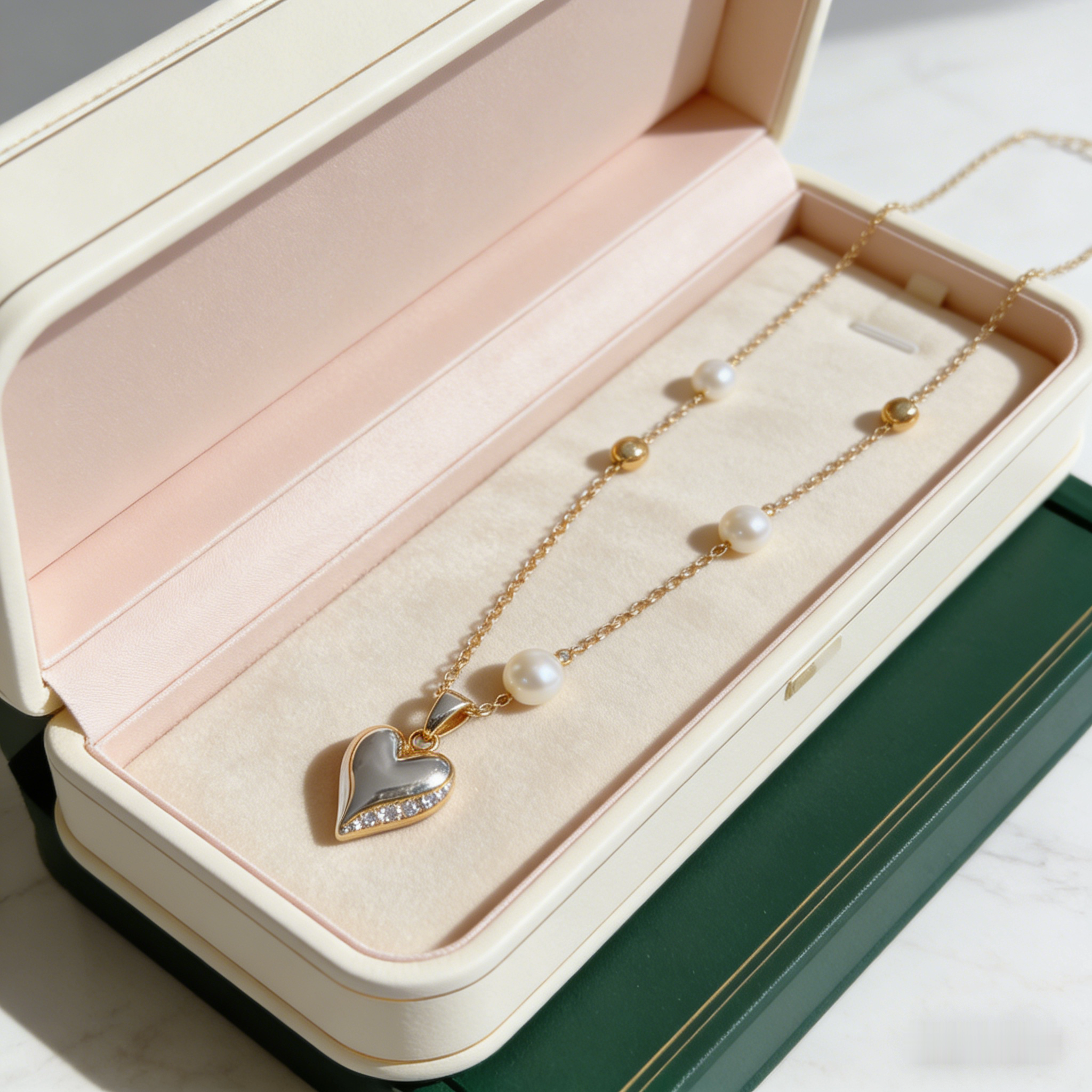 🌸 "Pearl Chain with Heart Pendant" – Lustrous Pearls & Gold Beads | Gold Heart with Stone Accent | Feminine Charm 🎀