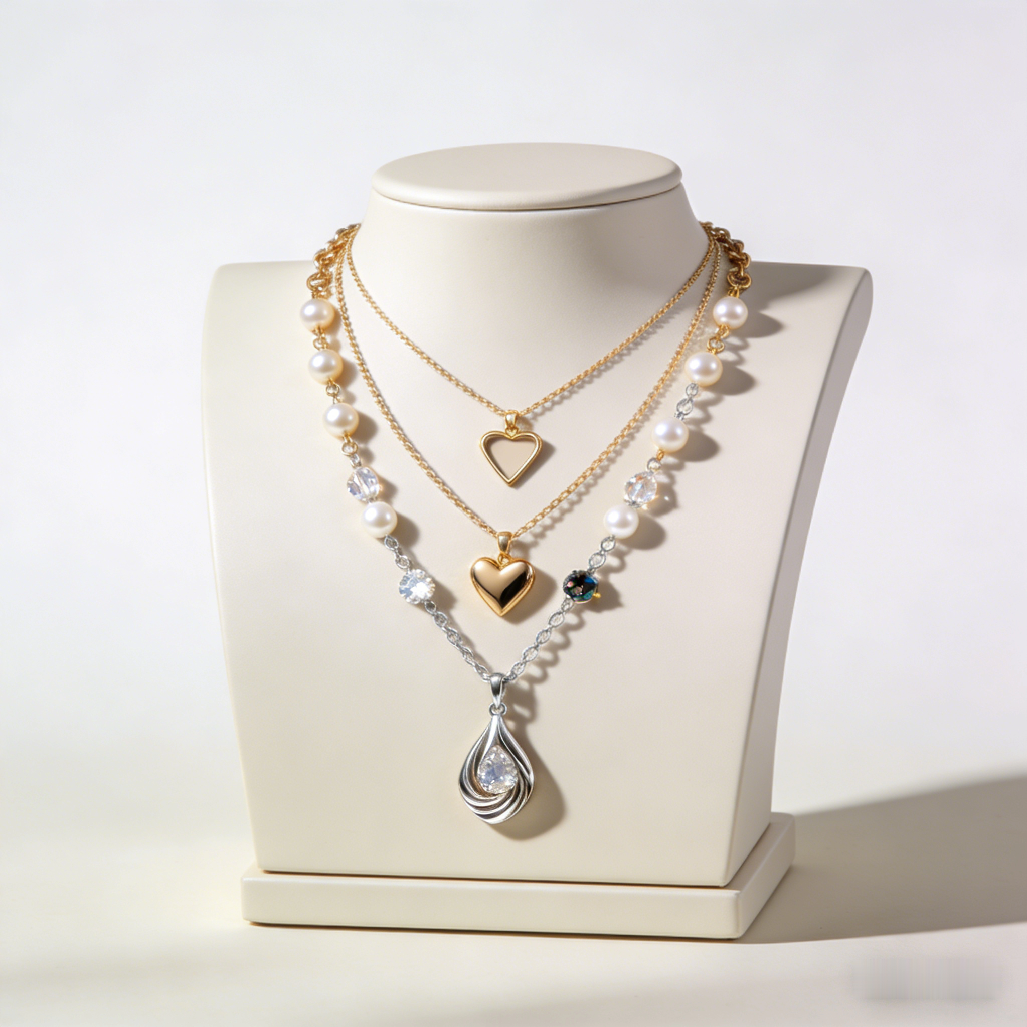 👑 "Triple Layer Mixed Heart & Pearl" – 3-Strand Design | Gold Heart, Pave Heart & Pearl | Statement Luxury 💎